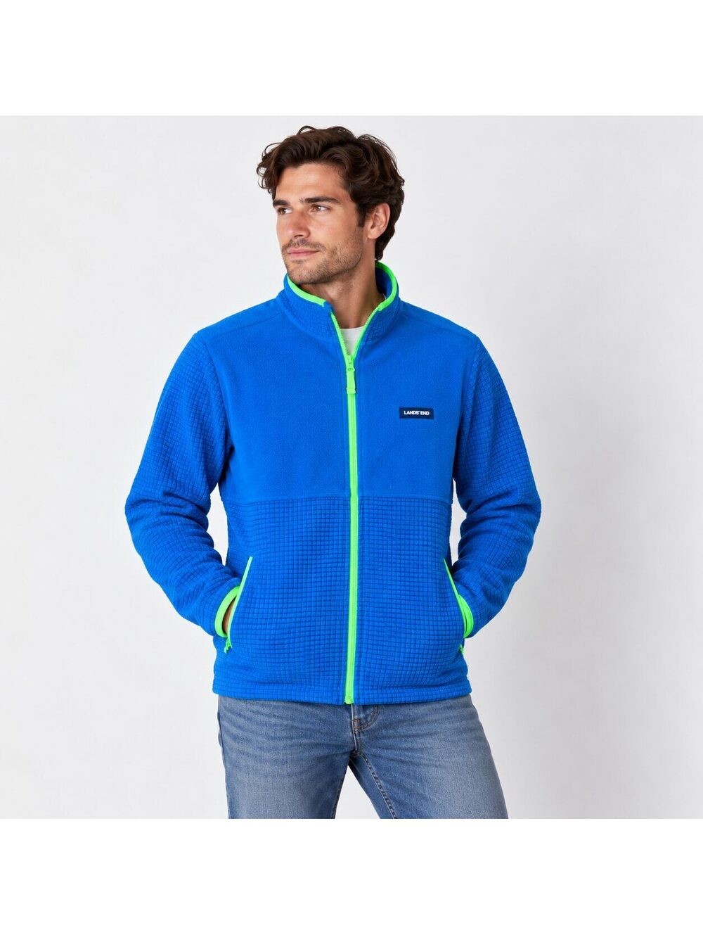 Lands End Men's Blue Grid Fleece Full Zip Jacket Green Trim Size M